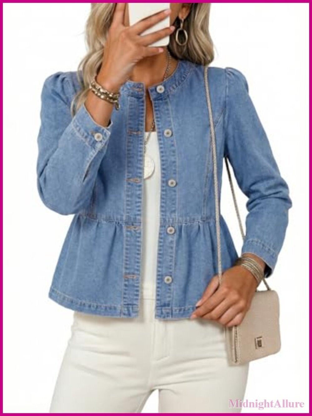 Cropped Denim Jacket Button Down Long Sleeve Collarless Cinched Waist Peplum